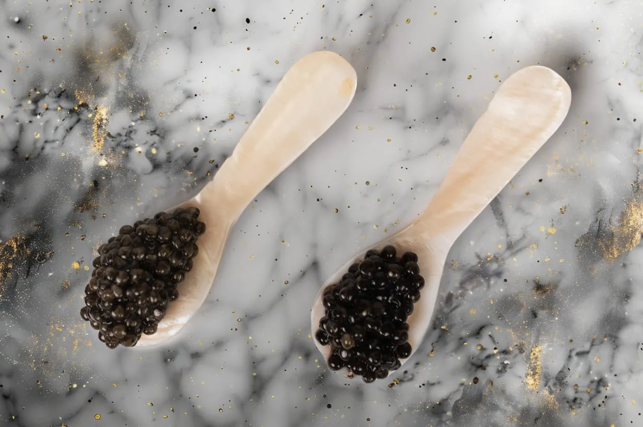 Dos cucharas de nácar con caviar sobre mármol